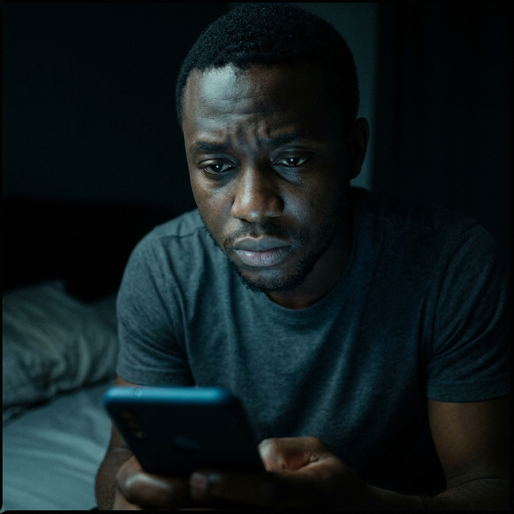 Man alone at night looking at his phone